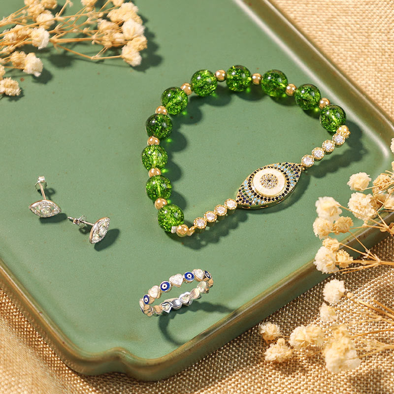 Buddha Stones Bring Infinite Good Fortune Evil Eye Bundle - Bracelet+Earrings+US5 Ring Set