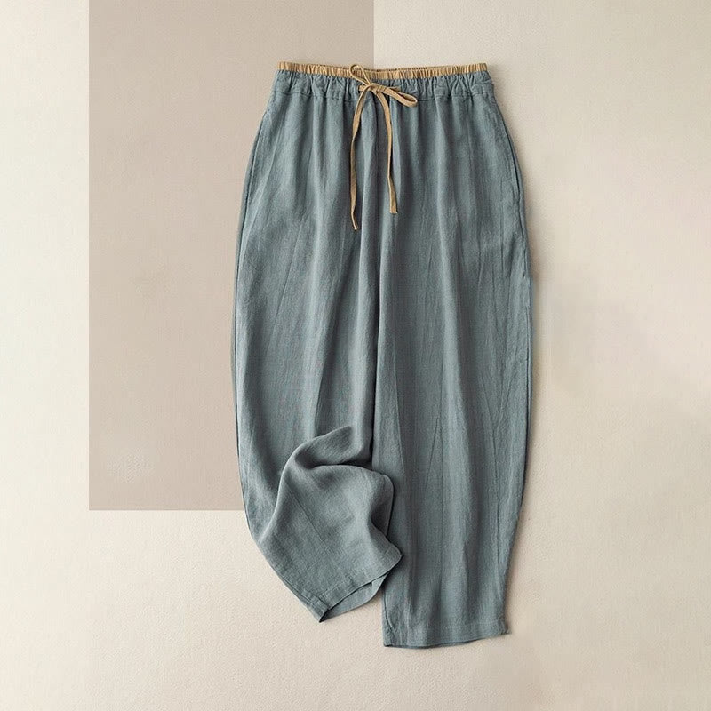 Buddha Stones Casual Solid Color Cotton Linen Drawstring Women's Pants With Pockets - CadetBlue / US4，UK/AU8，EU36 (S)