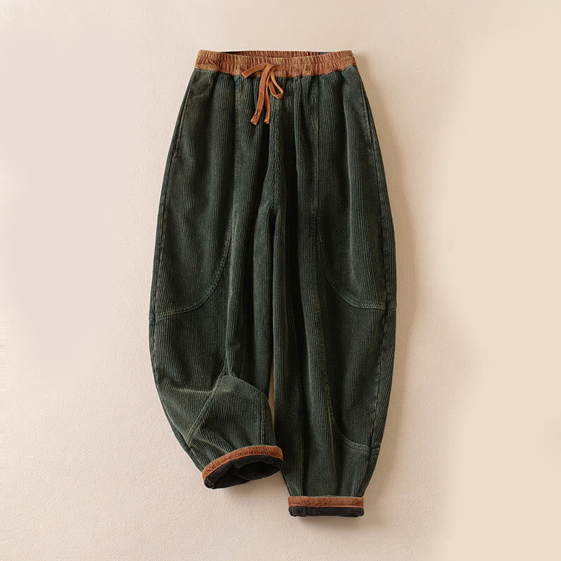 Buddha Stones Color Contrast Corduroy Cotton Women's Thermal Fleece-Lined Harem Pants With Pockets - Fleece-Lined Version / ForestGreen / US2，UK/AU6，EU34 (XS)