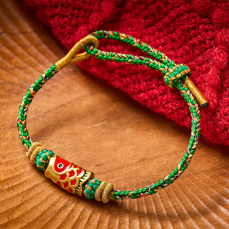Buddha Stones Koi Fish Luck Hand-Woven String Bracelet - Green With Koi Fish Accessory