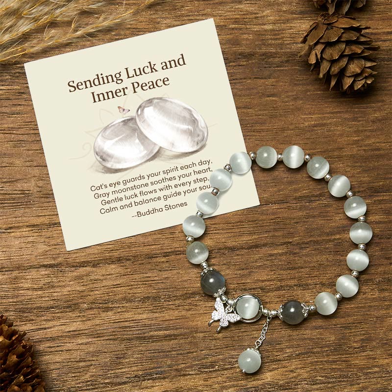 Buddha Stones "Sending Luck and Inner Peace" Cat's Eye Butterfly Bracelet Includes Gift Message Card - Cat's Eye&Moonstone Butterfly / Standard Gift Box