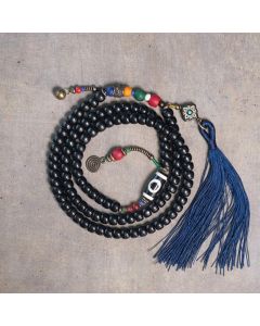 Buddha Stones 108 Beads Mala Ebony Wood Dzi Bead Copper Balance Tassel Bracelet - 16-17.5cm