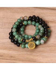 Buddha Stones 108 Beads Natural Agate Mala Healing Bracelet - Green Agate&Black Onyx