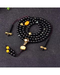 Buddha Stones 108 Beads Natural Black Obsidian Lotus Fulfilment Mala Bracelet - 10mm