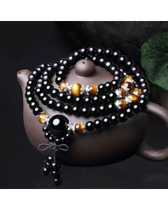 Buddha Stones 108 Beads Natural Black Obsidian Tiger Eye Mala Bracelet - Black Obsidian&Red Agate / 6mm