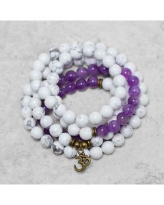 Buddha Stones 108 Mala Beads Amethyst White Turquoise OM Healing Meditation Energy Bracelet - Amethyst&White Turquoise