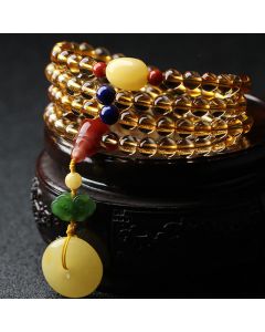 108 Mala Beads Natural Citrine Amber Peace Buckle Red Agate PiXiu Protection Charm Bracelet - Citrine&Red Agate