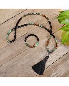 Buddha Stones 108 Mala Beads Natural Stone Tiger Eye Turquoise Protection Strength Bracelet Necklace - Necklace