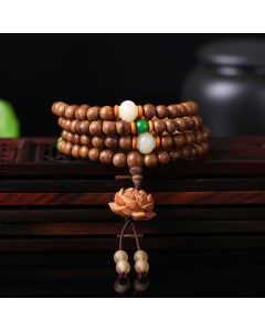 Buddha Stones 108 Mala Beads Peach Wood Bodhi Seed Lotus Prayer Meditation Bracelet - Coin Peach Wood