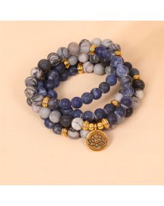 Buddha Stones 108 Mala Beads Sodalite Zebra Jasper Crystal Lotus Strength Bracelet - Sodalite&Zebra Jasper