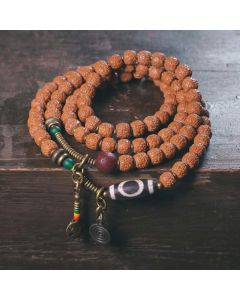 Buddha Stones 108 Mala Rudraksha Beads Bodhi Seed Dzi Bead Luck Auspiciousness Tassel Bracelet - 18cm