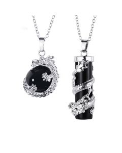 Buddha Stones 2pc Dragon Wrapped Round Ball Gemstone Couple Necklace Pendant - Opal