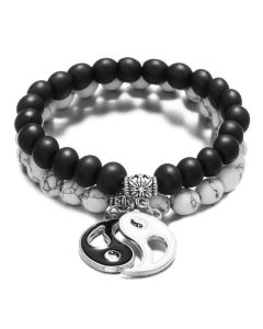 Buddha Stones 2pcs Natural Black Onyx White Turquoise Bead Yin Yang Couple Bracelet - Black Onyx White Turquoise(Wrist Circumference: 18-19 cm)