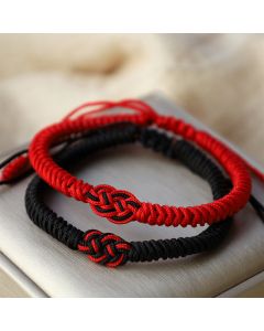 Buddha Stones 2Pcs Tibetan Luck Chinese Knot Protection String Bracelet - Black&Silver Heart(Bracelet Size 16-27cm)