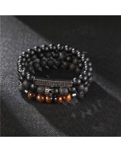 Buddha Stones 3Pcs Frosted Stone Lava Rock Tiger Eye Activate Bracelet - Frosted Stone&Lava Rock
