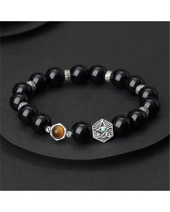 Buddha Stones 925 Sterling Silver Black Obsidian Tiger Eye Eye of Providence Purification Bracelet - Black Obsidian&Tiger Eye