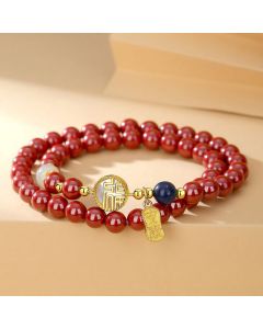 Buddha Stones 925 Sterling Silver Cinnabar Tridacna Stone Fu Character Double Wrap Blessing Bracelet - Cinnabar(Calm♥Concentration)
