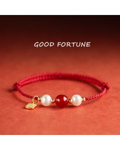 Buddha Stones 925 Sterling Silver Good Fortune Fu Character Agate Pearl Red String Braid Bracelet - Fu Character-925 Sterling Silver Hollow Silver Fortune Charm(Wrist Circumference 14-18cm)