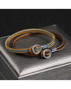 Buddha Stones  925 Sterling Silver Handmade Button Protection Weave String Bracelet - Brown / 21cm