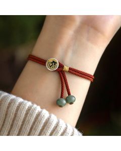 Buddha Stones 925 Sterling Silver Handmade Cyan Bodhi Seed Protection Braided Red String Bracelet - Fortune Copper Coin(Wrist Circumference 14-18cm)