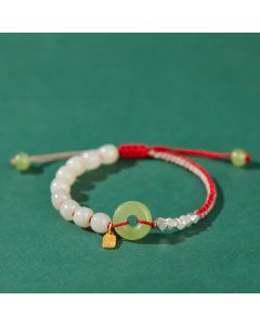 Buddha Stones 925 Sterling Silver Hetian Jade Peace Buckle Beaded Luck Happiness Charm Bracelet - Pink