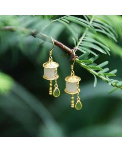 Buddha Stones 925 Sterling Silver Jade Prayer Wheel Luck Drop Earrings - Jade&Silver