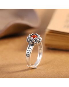 Buddha Stones925 Sterling Silver Lotus Red Agate Confidence Blessing Ring - Red Agate(Confidence♥Calm)
