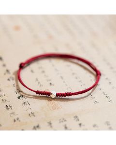 Buddha Stones 925 Sterling Silver Luck Bead Protection Red String Thin Cord Braided Bracelet - Round Bead / Dark Red(Wrist Circumference 14-18cm)
