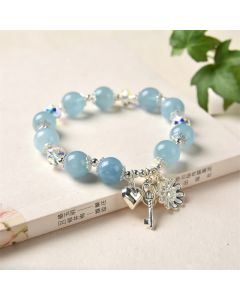 Buddha Stones 925 Sterling Silver Natural Aquamarine Serenity Flower Love Key Charm Bracelet - Aquamarine&925 Sterling Silver