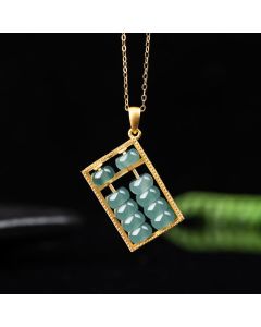 Buddha Stones Natural Jade Abacus Pattern Abundance Titanium Steel Chain Necklace Pendant - Silver