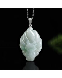 Buddha Stones Natural Jade Nine Tailed Fox Prosperity Titanium Steel Chain Necklace Pendant - Jade(Prosperity♥Abundance)