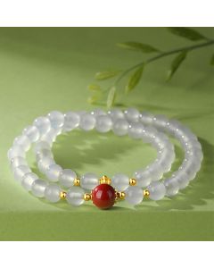 Buddha Stones 925 Sterling Silver Natural White Agate Cinnabar Double Wrap Protection Bracelet - White Agate&Cinnabar