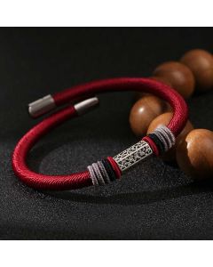 Buddha Stones 925 Sterling Silver Om Mani Padme Hum Peace Red String Bracelet - Black(Bracelet Size 21cm)