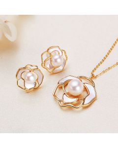 Buddha Stones 925 Sterling Silver Pearl Camellia Pattern Happiness Necklace Pendant Earrings - Earrings&Necklace
