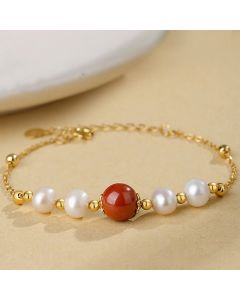 Buddha Stones 925 Sterling Silver Pearl Cinnabar Healing Bead Chain Bracelet - Pearl&Cinnabar
