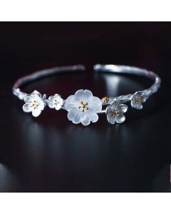 Buddha Stones 925 Sterling Silver Plum Flower Blessing Bracelet Adjustable Bangle - Plum Flower