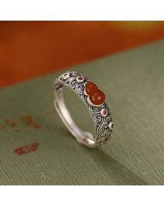 Buddha Stones 925 Sterling Silver Red Agate Cyan Jade Gourd Blessing Auspicious Ring - Red Agate(Confidence♥Calm)