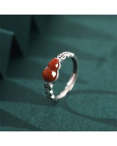 Buddha Stones 925 Sterling Silver Red Agate Gourd Copper Coin Self-acceptance Ring - Red Agate(Confidence♥Calm)