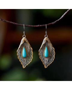 Buddha Stones 925 Sterling Silver Turquoise Bodhi Leaf Pattern Protection Drop Dangle Earrings - Silver