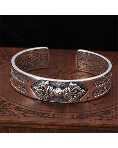 Buddha Stones 925 Sterling Silver Vajra Dorje Engraved Spiritual Power Bracelet Bangle - Vajra(Enlightenment♥Spiritual Power)