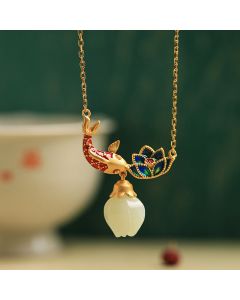 Buddha Stones White Jade Koi Fish Lotus Copper Protection Necklace Pendant - White Jade(Protection ♥ Happiness)