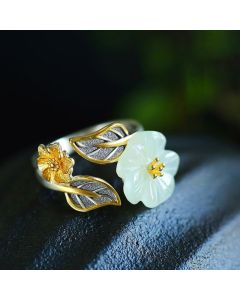 Buddha Stones 925 Silver Plated Copper White Jade Plum Flower Leaf Luck Ring - White Jade&925 Silver Plated Copper
