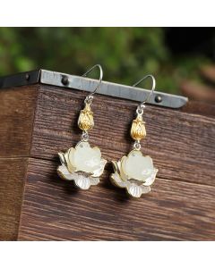 Buddha Stones White Jade Protection Harmony Drop Earrings - Lotus