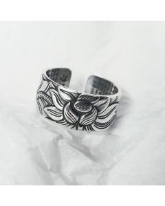 Buddha Stones 999 Sterling Silver Lotus Symbol Heart Sutra Protection Ring - 999 Sterling Silver