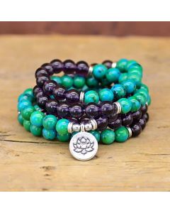 Buddha Stones Amethyst Green Aventurine Spiritual Lotus Charm Bracelet - Amethyst&Green Aventurine