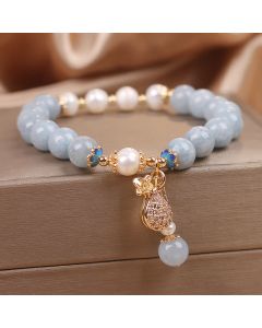 Buddha Stones Aquamarine Pearl Fortune Money Bag Charm Bracelet - Aquamarine