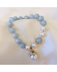 Buddha Stones Aquamarine Pearl Peace Healing Lucky Cat Charm Bracelet - Aquamarine