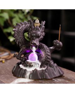Buddha Stones Auspicious Dragon Ceramic Backflow Smoke Fountain Meditation Healing Incense Burner Led Ball Decoration - Dragon