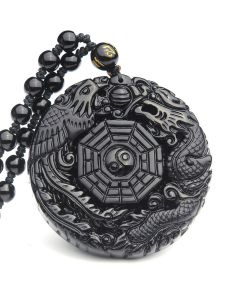 Buddha Stones Bagua Dragon Phoenix Obsidian Fulfilment Pendant Necklace - Obsidian