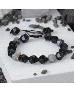 Buddha Stones Black Obsidian Black Glitter Stone Purification Bracelet - Round Beads / 17-21cm